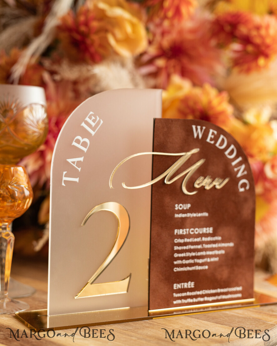 TABLE DECOR SIGNS Velvet table Numbers and Decor Acrylic Arch Table Number & wedding menu Combo, Rust & Frozen Acrylic gold Sign, Gold Plexi Table Numbers Terracotta Menu Combo Luxury Wedding Table Decor, Wedding Signage Golden mirror table numbers 