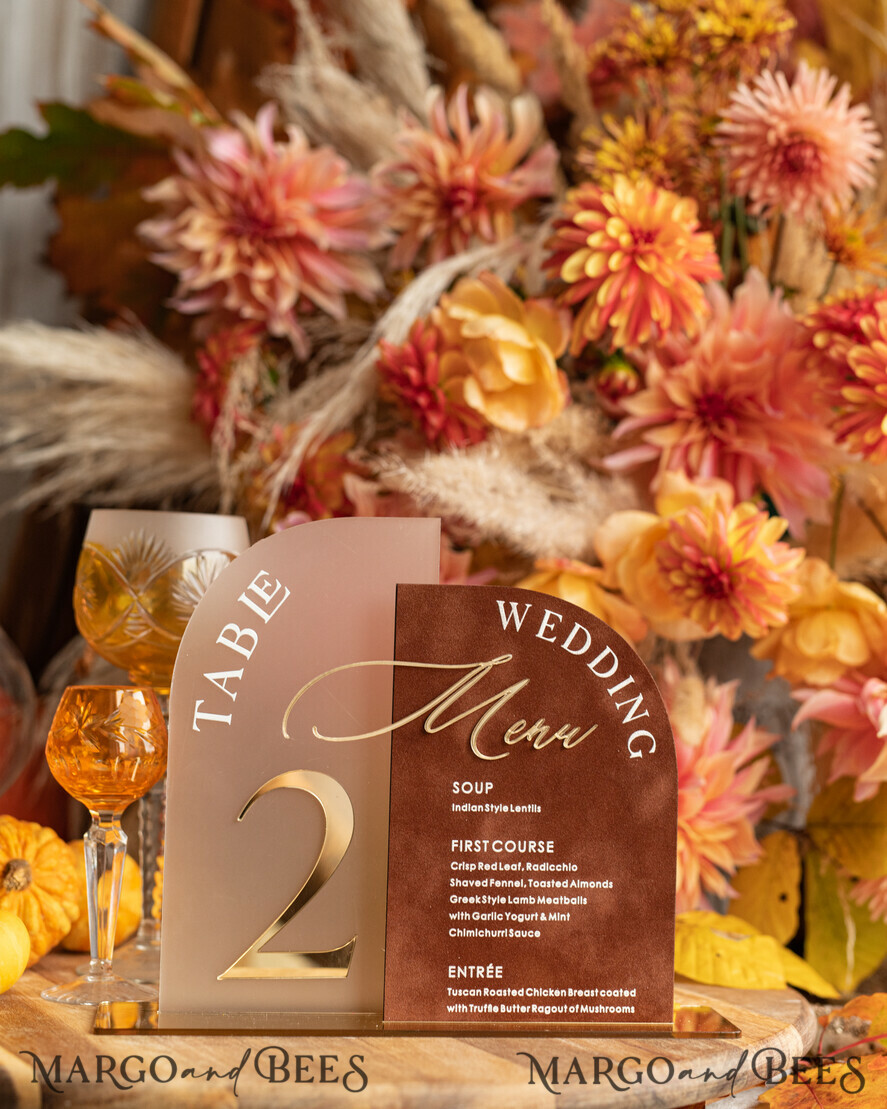 TABLE DECOR SIGNS Velvet table Numbers and Decor Acrylic Arch Table Number & wedding menu Combo, Rust & Frozen Acrylic gold Sign, Gold Plexi Table Numbers Terracotta Menu Combo Luxury Wedding Table Decor, Wedding Signage Golden mirror table numbers 