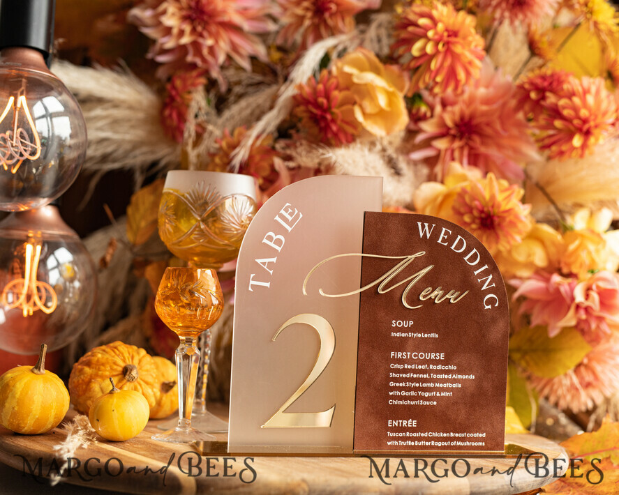 TABLE DECOR SIGNS Velvet table Numbers and Decor Acrylic Arch Table Number & wedding menu Combo, Rust & Frozen Acrylic gold Sign, Gold Plexi Table Numbers Terracotta Menu Combo Luxury Wedding Table Decor, Wedding Signage Golden mirror table numbers 