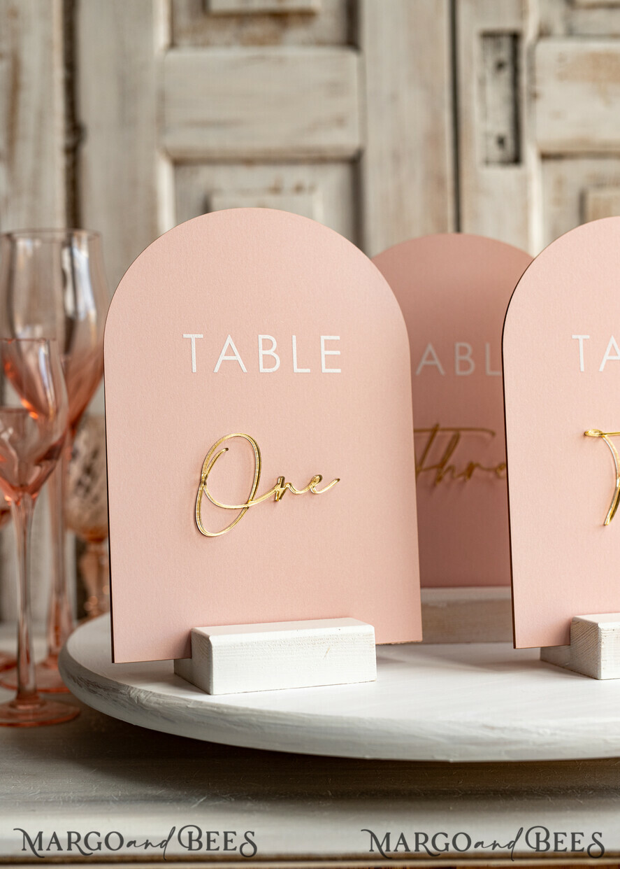 TABLE DECOR SIGNS Velvet table Numbers and Decor Pink Acrylic Table Numbers, Arched Table Numbers With Stand, Blush Pink And Gold Wedding Table Decor, 3D Golden Lettering Table Numbers,  Blush Wedding Signage,