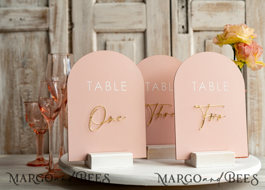 TABLE DECOR SIGNS Velvet table Numbers and Decor Pink Acrylic Table Numbers, Arched Table Numbers With Stand, Blush Pink And Gold Wedding Table Decor, 3D Golden Lettering Table Numbers,  Blush Wedding Signage,