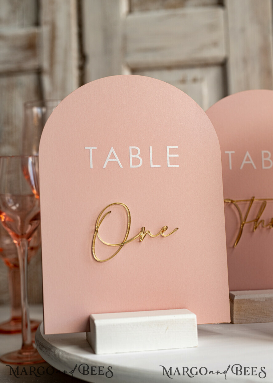 TABLE DECOR SIGNS Velvet table Numbers and Decor Pink Acrylic Table Numbers, Arched Table Numbers With Stand, Blush Pink And Gold Wedding Table Decor, 3D Golden Lettering Table Numbers,  Blush Wedding Signage,