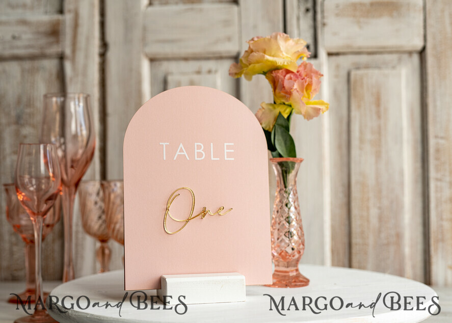 TABLE DECOR SIGNS Velvet table Numbers and Decor Pink Acrylic Table Numbers, Arched Table Numbers With Stand, Blush Pink And Gold Wedding Table Decor, 3D Golden Lettering Table Numbers,  Blush Wedding Signage,