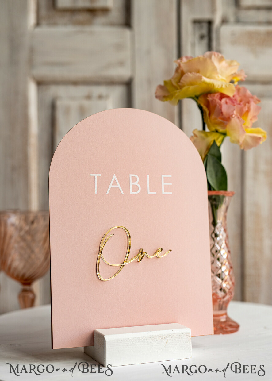 TABLE DECOR SIGNS Velvet table Numbers and Decor Pink Acrylic Table Numbers, Arched Table Numbers With Stand, Blush Pink And Gold Wedding Table Decor, 3D Golden Lettering Table Numbers,  Blush Wedding Signage,