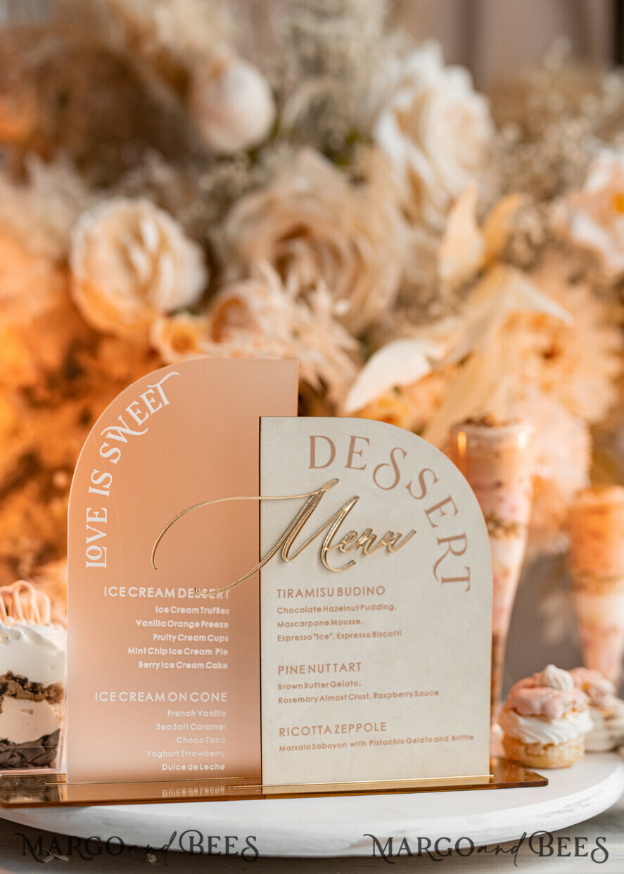 TISCHDEKORATIONSCHILDER   Samt Tischnummern und Dekoration Acrylbogen Dessertmenü, Elfenbein gefrorenes Acryl Gold Candy Bar Schild, Gold Plexi Tisch Dessertmenü Kombi Luxus Hochzeits Tisch Dekor, Hochzeitsbeschilderung Gold.