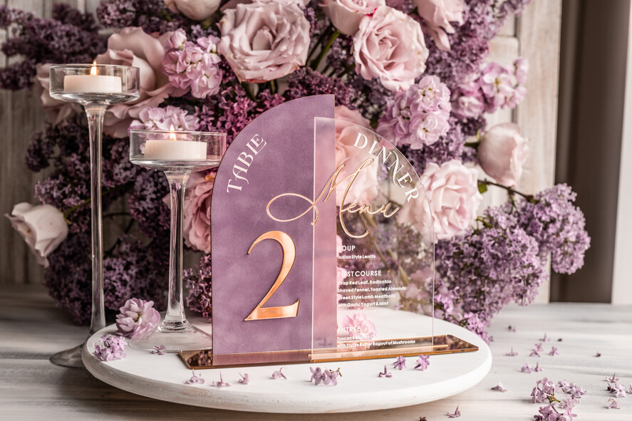 TABLE DECOR SIGNS Velvet table Numbers and Decor Mauve Acrylic Arched Table Numbers & Menu Set, Clear Acrylic & Dusty Rose Velvet Sign, Gold Table Numbers And Menu Combo, Purple golden Velvet Table Numbers