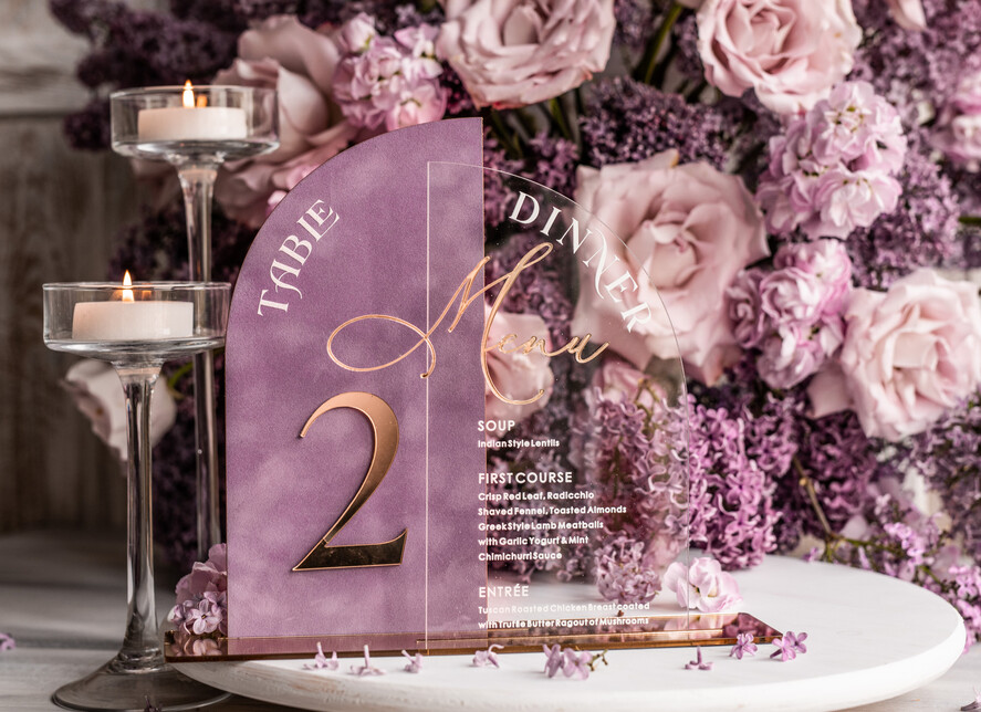 TABLE DECOR SIGNS Velvet table Numbers and Decor Mauve Acrylic Arched Table Numbers & Menu Set, Clear Acrylic & Dusty Rose Velvet Sign, Gold Table Numbers And Menu Combo, Purple golden Velvet Table Numbers