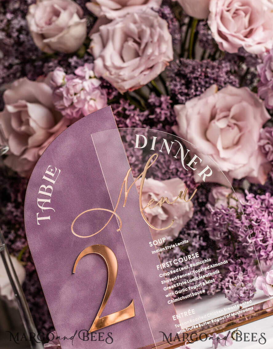 TABLE DECOR SIGNS Velvet table Numbers and Decor Mauve Acrylic Arched Table Numbers & Menu Set, Clear Acrylic & Dusty Rose Velvet Sign, Gold Table Numbers And Menu Combo, Purple golden Velvet Table Numbers
