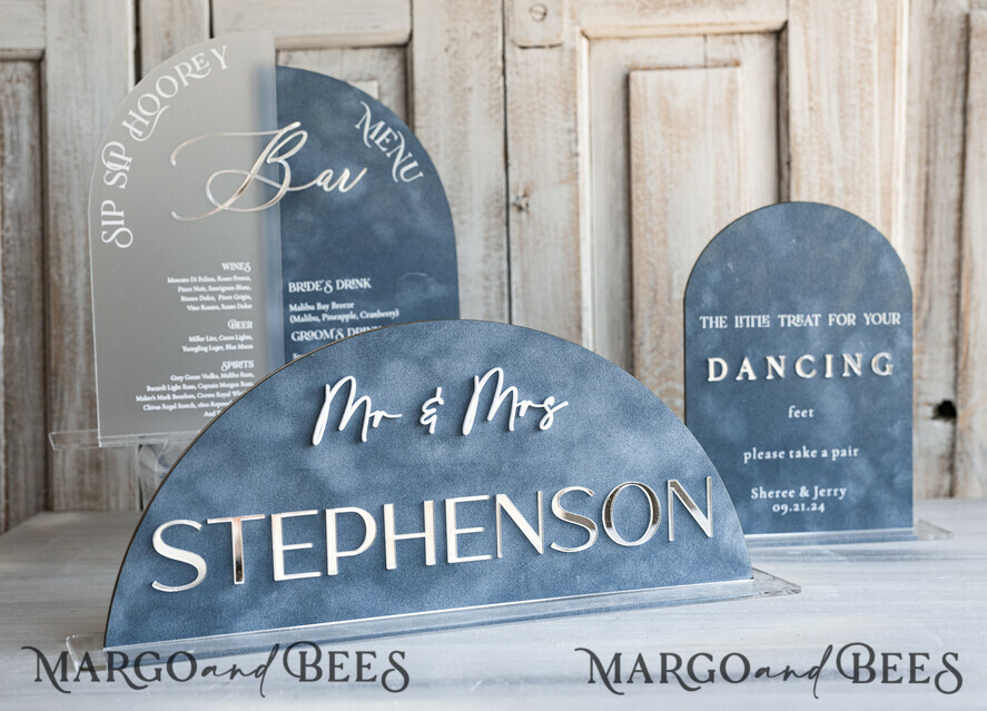 TABLE DECOR SIGNS Velvet table Numbers and Decor dusty Blue Wedding Top Table Signs SET, Acrylic Arch Velvet Bar Menu sign, Drink Bar menu Top Table sign,  Gold Plexi Glass Top Table sign, Elegant Luxury Wedding Table Decor, Boho Glam Wedding Signage Silver mirror Top Table sign