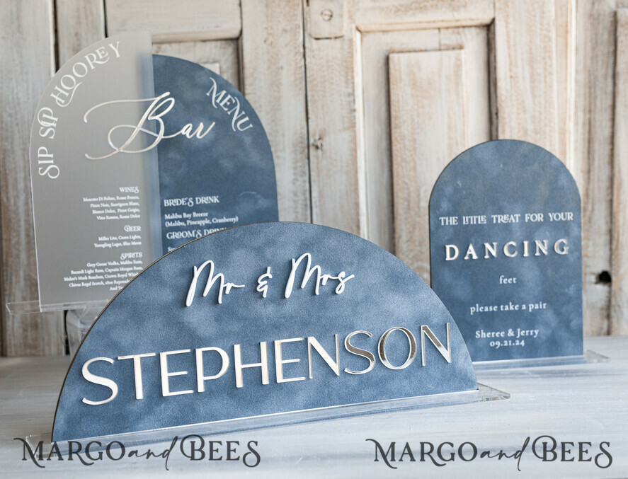 TABLE DECOR SIGNS Velvet table Numbers and Decor dusty Blue Wedding Top Table Signs SET, Acrylic Arch Velvet Bar Menu sign, Drink Bar menu Top Table sign,  Gold Plexi Glass Top Table sign, Elegant Luxury Wedding Table Decor, Boho Glam Wedding Signage Silver mirror Top Table sign
