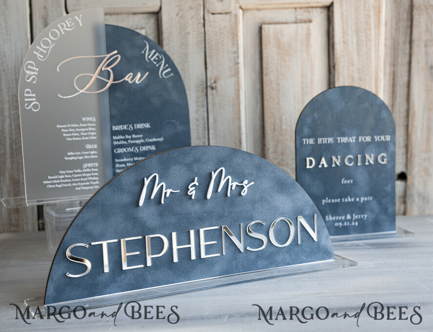 TABLE DECOR SIGNS Velvet table Numbers and Decor dusty Blue Wedding Top Table Signs SET, Acrylic Arch Velvet Bar Menu sign, Drink Bar menu Top Table sign,  Gold Plexi Glass Top Table sign, Elegant Luxury Wedding Table Decor, Boho Glam Wedding Signage Silver mirror Top Table sign
