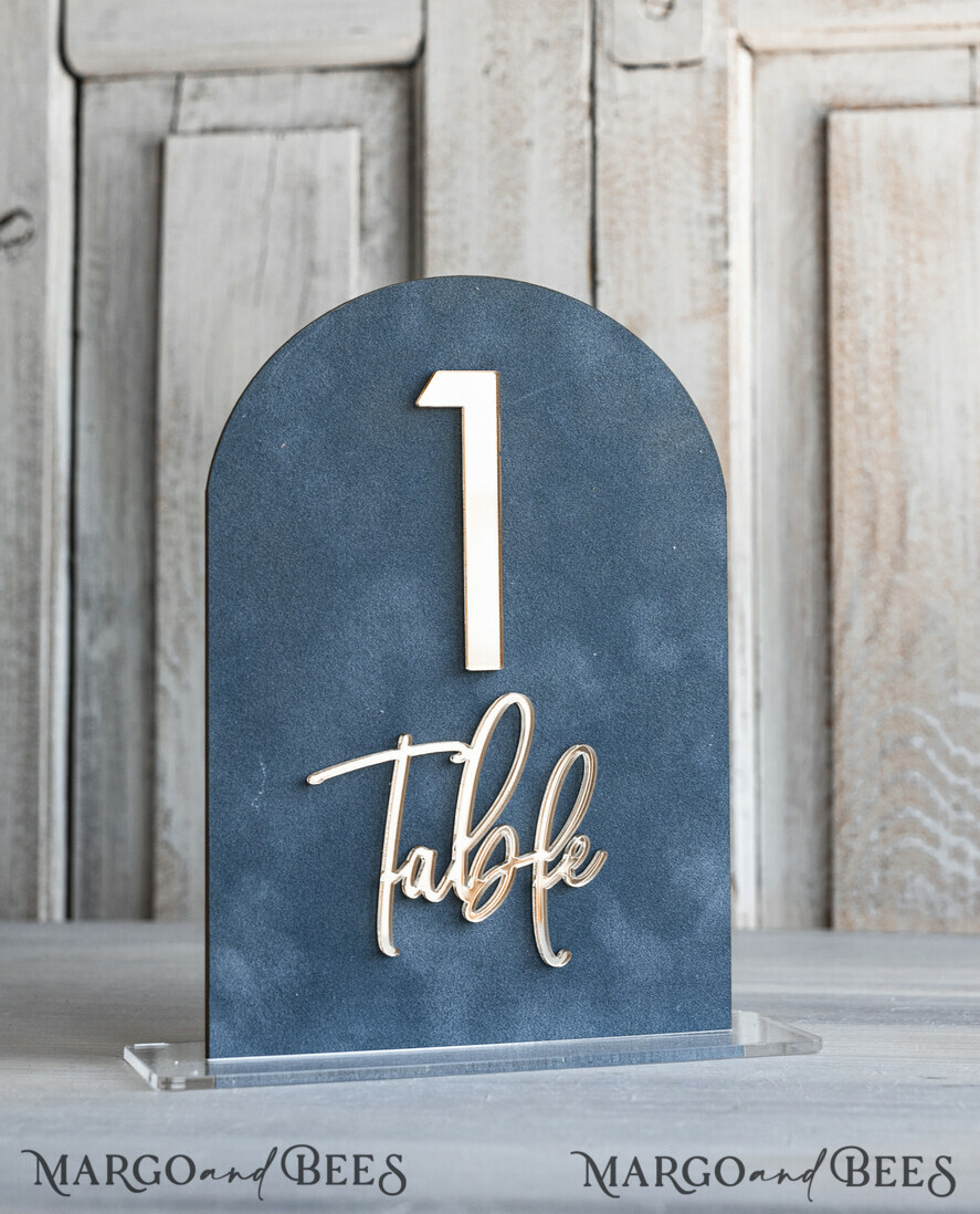 TABLE DECOR SIGNS Velvet table Numbers and Decor dusty Blue Wedding Top Table Signs SET, Acrylic Arch Velvet Bar Menu sign, Drink Bar menu Top Table sign,  Gold Plexi Glass Top Table sign, Elegant Luxury Wedding Table Decor, Boho Glam Wedding Signage Silver mirror Top Table sign