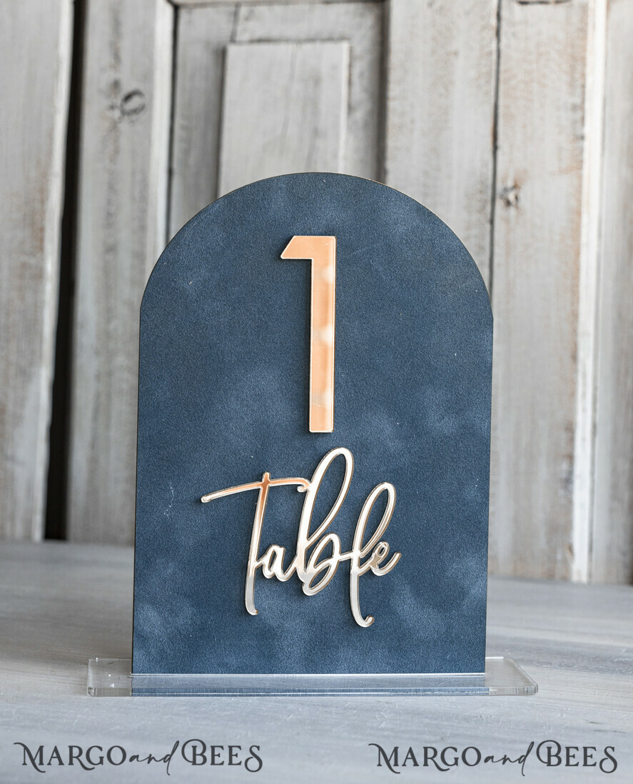 TABLE DECOR SIGNS Velvet table Numbers and Decor dusty Blue Wedding Top Table Signs SET, Acrylic Arch Velvet Bar Menu sign, Drink Bar menu Top Table sign,  Gold Plexi Glass Top Table sign, Elegant Luxury Wedding Table Decor, Boho Glam Wedding Signage Silver mirror Top Table sign