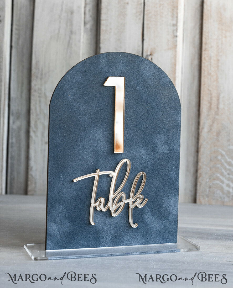 TABLE DECOR SIGNS Velvet table Numbers and Decor dusty Blue Wedding Top Table Signs SET, Acrylic Arch Velvet Bar Menu sign, Drink Bar menu Top Table sign,  Gold Plexi Glass Top Table sign, Elegant Luxury Wedding Table Decor, Boho Glam Wedding Signage Silver mirror Top Table sign
