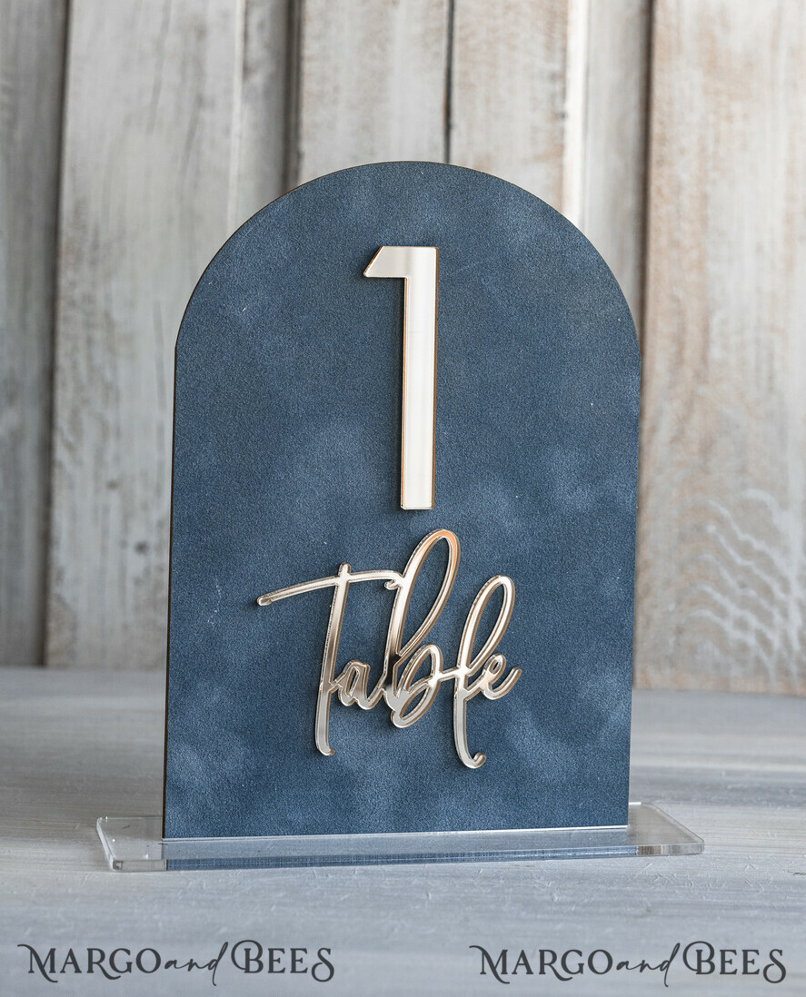TABLE DECOR SIGNS Velvet table Numbers and Decor dusty Blue Wedding Top Table Signs SET, Acrylic Arch Velvet Bar Menu sign, Drink Bar menu Top Table sign,  Gold Plexi Glass Top Table sign, Elegant Luxury Wedding Table Decor, Boho Glam Wedding Signage Silver mirror Top Table sign