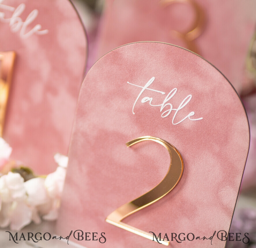 TABLE DECOR SIGNS Velvet table Numbers and Decor Arch Table Number, Luxury Blush Pink Velvet Arched Table numbers with acrylic stand, blush pink and Gold Wedding Table Decor, 3D Golden Letters, Wedding signage