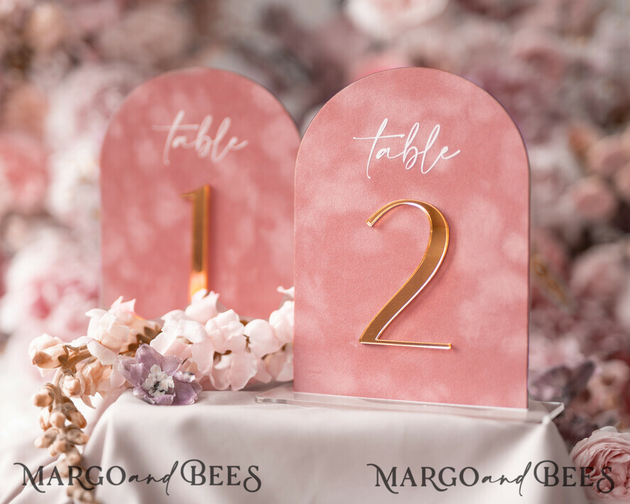 TABLE DECOR SIGNS Velvet table Numbers and Decor Arch Table Number, Luxury Blush Pink Velvet Arched Table numbers with acrylic stand, blush pink and Gold Wedding Table Decor, 3D Golden Letters, Wedding signage