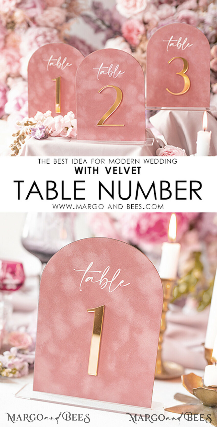 TABLE DECOR SIGNS Velvet table Numbers and Decor Arch Table Number, Luxury Blush Pink Velvet Arched Table numbers with acrylic stand, blush pink and Gold Wedding Table Decor, 3D Golden Letters, Wedding signage