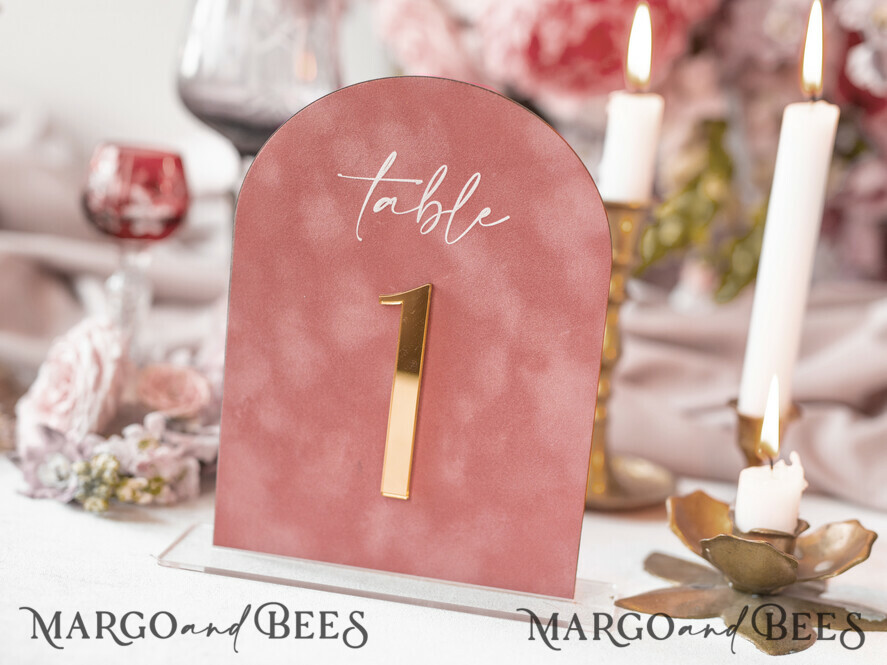 TABLE DECOR SIGNS Velvet table Numbers and Decor Arch Table Number, Luxury Blush Pink Velvet Arched Table numbers with acrylic stand, blush pink and Gold Wedding Table Decor, 3D Golden Letters, Wedding signage