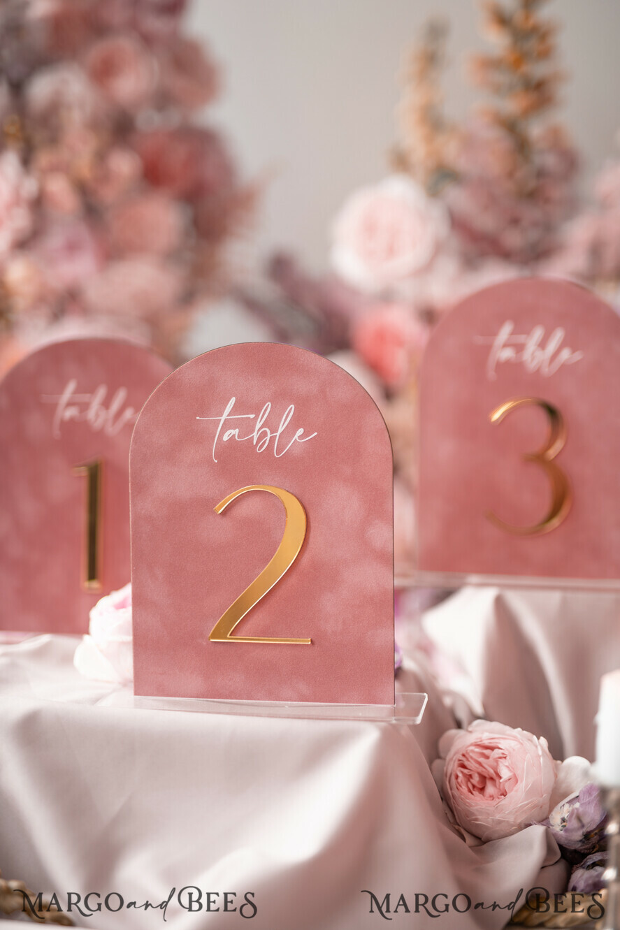 TABLE DECOR SIGNS Velvet table Numbers and Decor Arch Table Number, Luxury Blush Pink Velvet Arched Table numbers with acrylic stand, blush pink and Gold Wedding Table Decor, 3D Golden Letters, Wedding signage