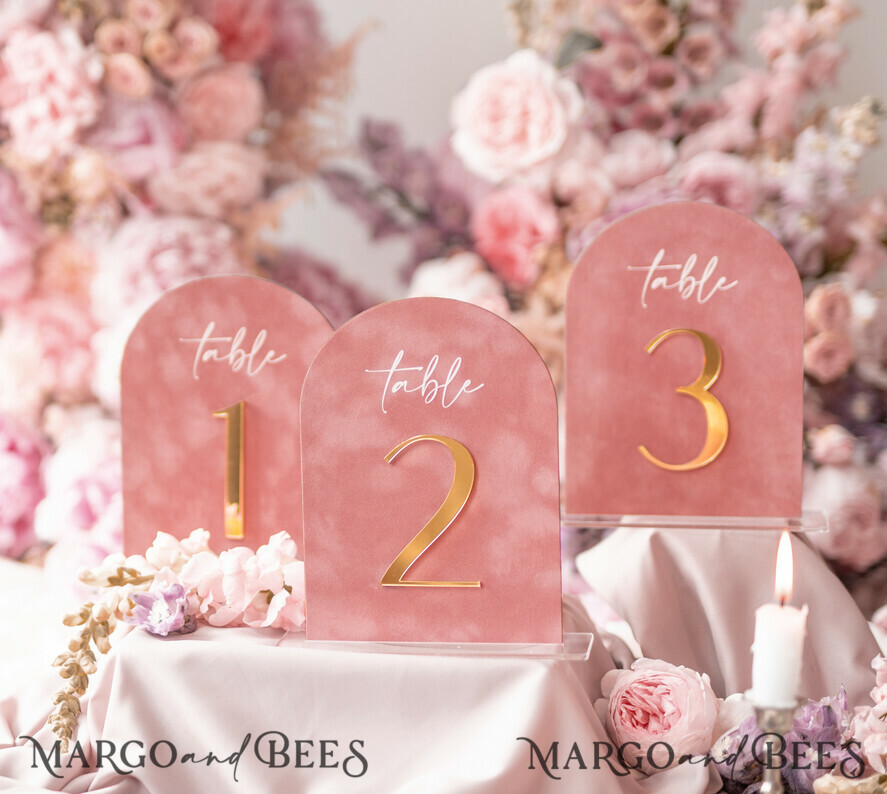 TABLE DECOR SIGNS Velvet table Numbers and Decor Arch Table Number, Luxury Blush Pink Velvet Arched Table numbers with acrylic stand, blush pink and Gold Wedding Table Decor, 3D Golden Letters, Wedding signage