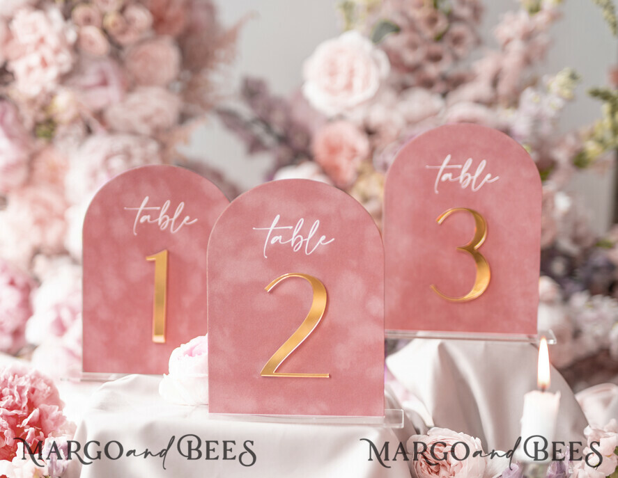TABLE DECOR SIGNS Velvet table Numbers and Decor Arch Table Number, Luxury Blush Pink Velvet Arched Table numbers with acrylic stand, blush pink and Gold Wedding Table Decor, 3D Golden Letters, Wedding signage