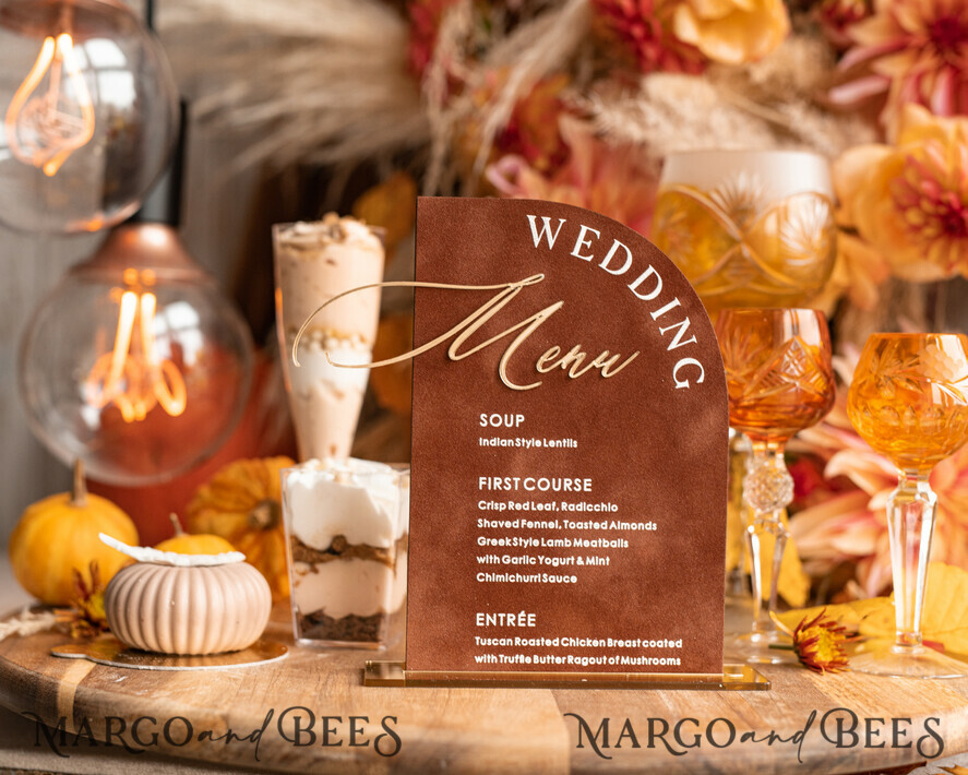 TABLE DECOR SIGNS Velvet table Numbers and Decor Velvet Arch Wedding Menu with Stand, Terracotta Half Arch gold Sign, Gold Mirror Dinner Menu, Luxury Burnt Orange Wedding Table Decor, Wedding Table Signage  Golden mirror table numbers 