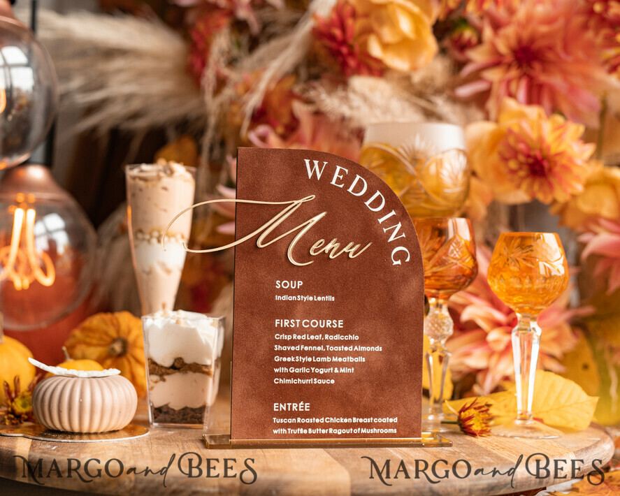 TABLE DECOR SIGNS Velvet table Numbers and Decor Velvet Arch Wedding Menu with Stand, Terracotta Half Arch gold Sign, Gold Mirror Dinner Menu, Luxury Burnt Orange Wedding Table Decor, Wedding Table Signage  Golden mirror table numbers 