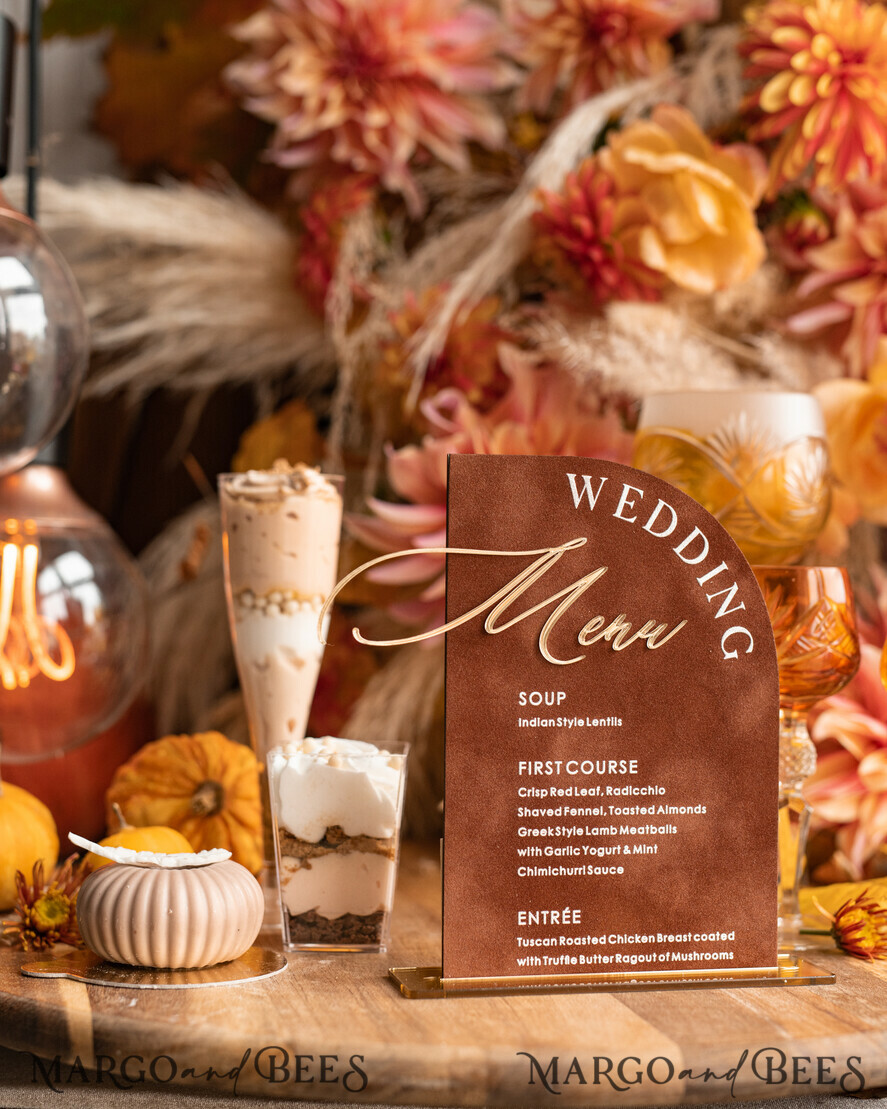 TABLE DECOR SIGNS Velvet table Numbers and Decor Velvet Arch Wedding Menu with Stand, Terracotta Half Arch gold Sign, Gold Mirror Dinner Menu, Luxury Burnt Orange Wedding Table Decor, Wedding Table Signage  Golden mirror table numbers 