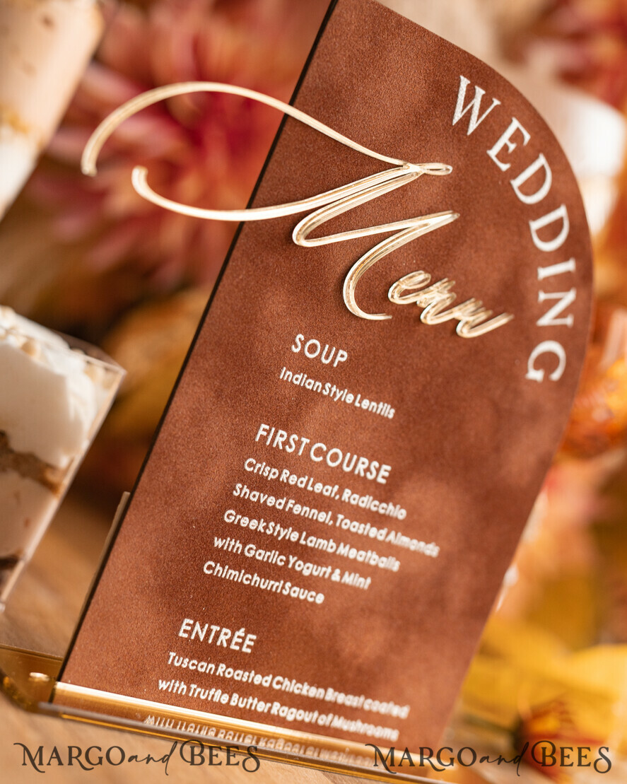 TABLE DECOR SIGNS Velvet table Numbers and Decor Velvet Arch Wedding Menu with Stand, Terracotta Half Arch gold Sign, Gold Mirror Dinner Menu, Luxury Burnt Orange Wedding Table Decor, Wedding Table Signage  Golden mirror table numbers 