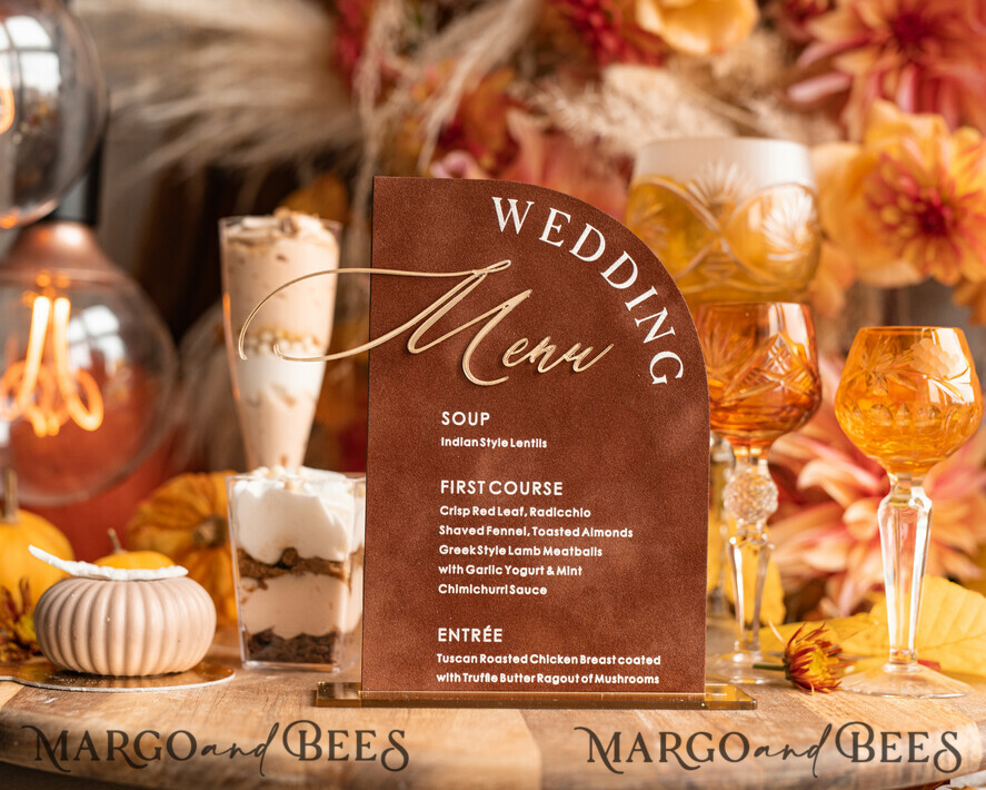 TABLE DECOR SIGNS Velvet table Numbers and Decor Velvet Arch Wedding Menu with Stand, Terracotta Half Arch gold Sign, Gold Mirror Dinner Menu, Luxury Burnt Orange Wedding Table Decor, Wedding Table Signage  Golden mirror table numbers 
