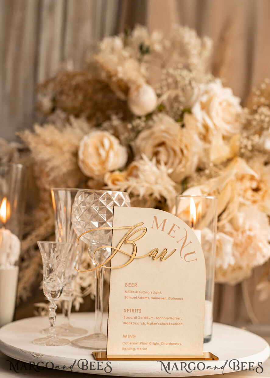 TABLE DECOR SIGNS Velvet table Numbers and Decor Acrylic Arch Bar Menu, gold Plexi Ivory Velvet Drink Bar Menu Sign with Stand, Beige Plexi Table Bar Menu Luxury Wedding Table Decor, Wedding Signage Ecru drink Bar Menu 