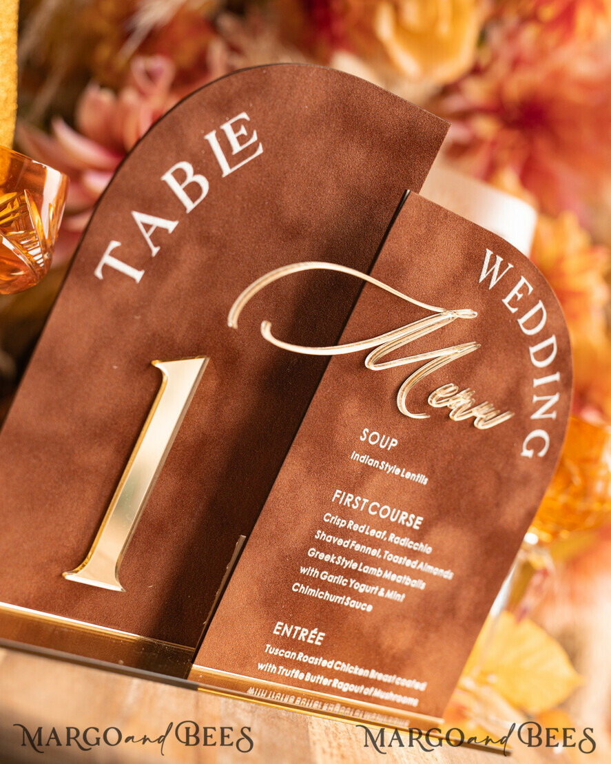 TISCHDEKORATIONSCHILDER   Samt Tischnummern und Dekoration Acrylbogen Tischnummern und Menüset, klarer und gefrorener Acrylgold-Schild, goldene Tischnummern und Menüset, terrakotta Samt Tischnummern, Hochzeitssignalisation