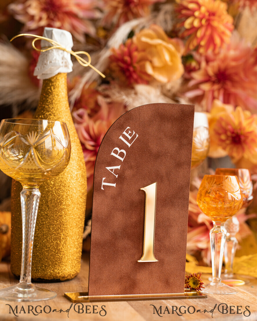 TABLE DECOR SIGNS Velvet table Numbers and Decor Acrylic Half Arch Velvet Fall Wedding Table Numbers, Terracotta and gold Sign, Gold Plexi Table Numbers, Luxury Burnt Orange Wedding Table Decor, Wedding Signage Golden mirror table numbers