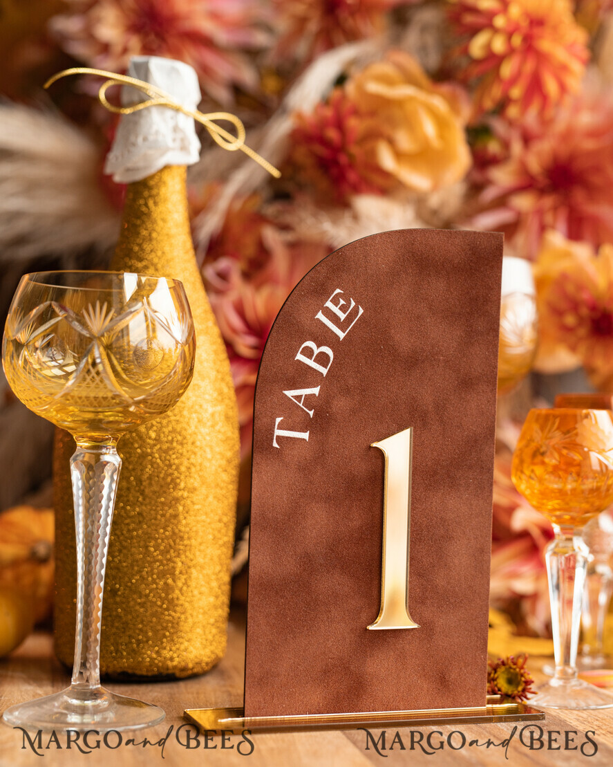 TABLE DECOR SIGNS Velvet table Numbers and Decor Acrylic Half Arch Velvet Fall Wedding Table Numbers, Terracotta and gold Sign, Gold Plexi Table Numbers, Luxury Burnt Orange Wedding Table Decor, Wedding Signage Golden mirror table numbers