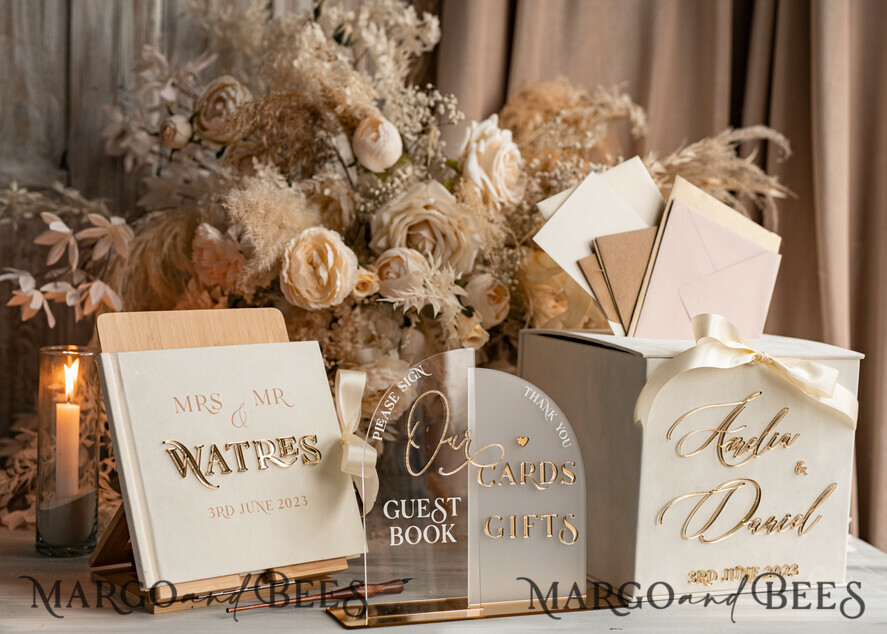  CARD BOXES velvet card boxes Velvet Set Card Box Guestbook & Sign, Wedding Card Box with Lid Instant Instax Guestbook, Beige Wedding Money Box Sing Guestbook Set, Nude Card Box with slot and cards and gift Arch acrylic sign set