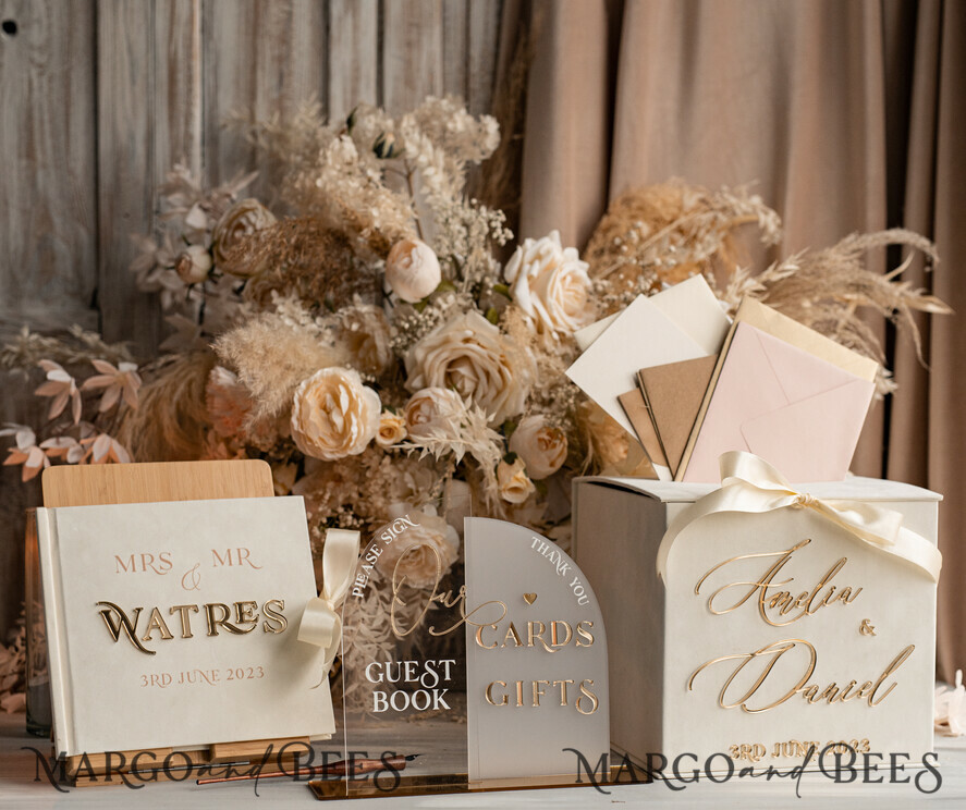  CARD BOXES velvet card boxes Velvet Set Card Box Guestbook & Sign, Wedding Card Box with Lid Instant Instax Guestbook, Beige Wedding Money Box Sing Guestbook Set, Nude Card Box with slot and cards and gift Arch acrylic sign set