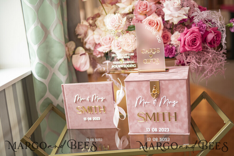  CARD BOXES velvet card boxes blush pink gold Velvet Set Card Box with lock & Polaroid Guestbook & Cards gifts Sign and instax instruction sign combo and pens set, Wedding Card Box with Lid Instant Instax Guestbook Wedding Money Box Sing Guestbook Set