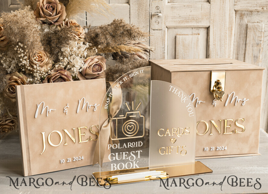  CARD BOXES velvet card boxes Beige gold Velvet Set Card Box with lock & Polaroid Guestbook & Cards gifts Sign instax instruction sign combo and pens set, fall Wedding Card Box with Lid Instant Instax Guestbook Wedding Money Box Sing Guestbook Set