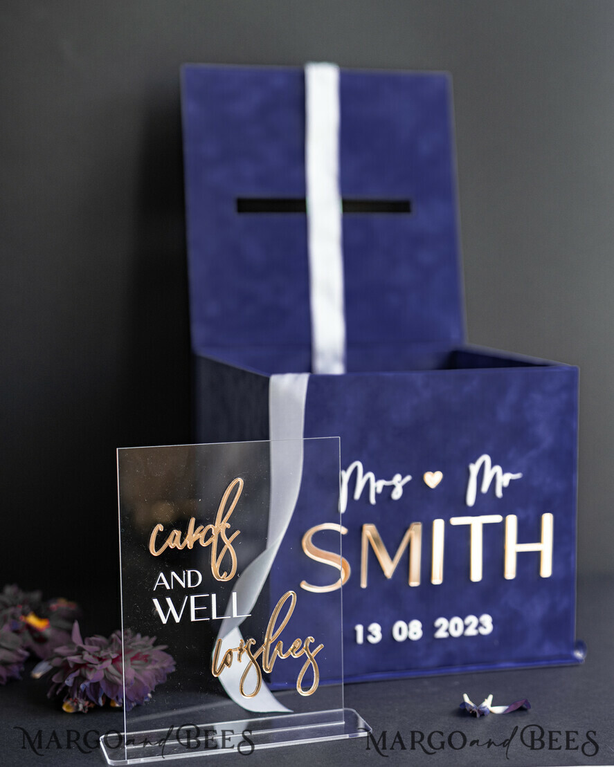  CARD BOXES velvet card boxes Gift Card Box & Cards well wishes Sign Set , Velvet Navy Blue wedding wishing well money gift card box, Personalized Wedding Card Box, Luxury Card Box, Wedding Card Box with Lid, Wedding Money Box, Wedding Card Box