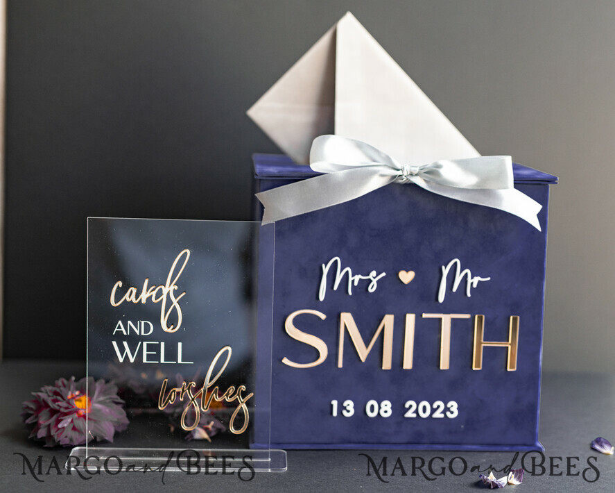  CARD BOXES velvet card boxes Gift Card Box & Cards well wishes Sign Set , Velvet Navy Blue wedding wishing well money gift card box, Personalized Wedding Card Box, Luxury Card Box, Wedding Card Box with Lid, Wedding Money Box, Wedding Card Box