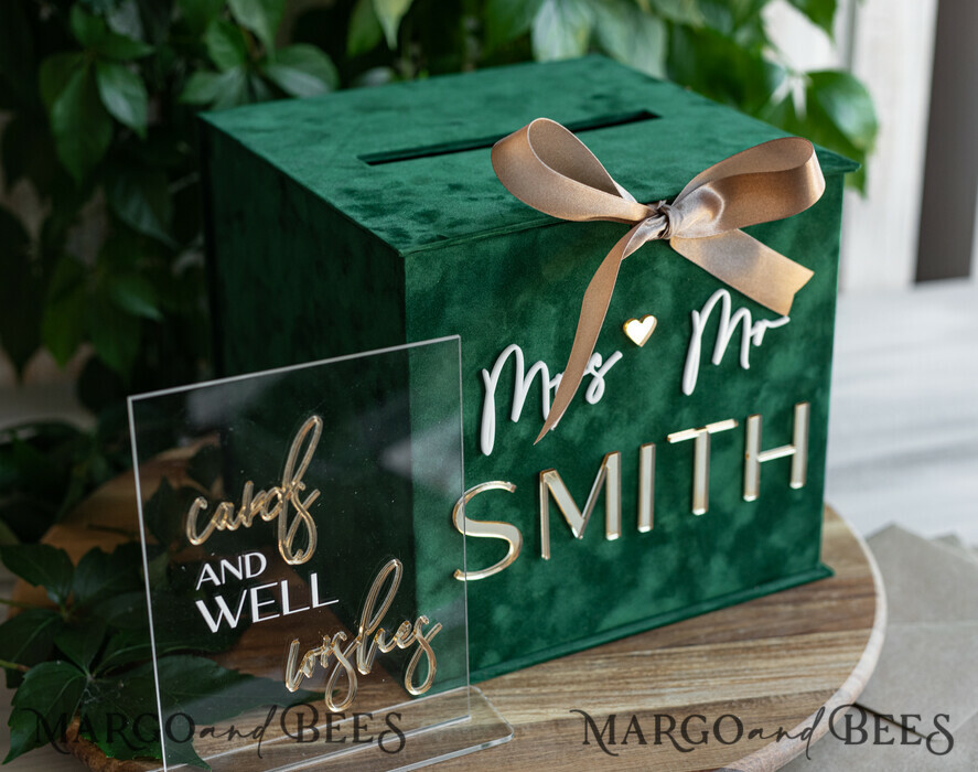  CARD BOXES velvet card boxes  Gift Card Box &  Sign Set , Velvet green wedding wishing well money gift card box, Personalized Wedding Card Box, Greenery Luxury Card Box, Wedding Card Box with Lid, Emerald Wedding Money Box, Garden Wedding Card Box