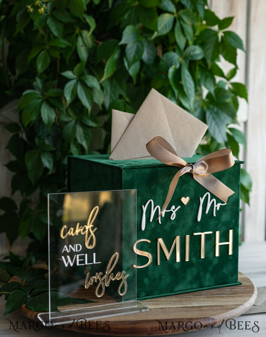 CARD BOXES velvet card boxes  Gift Card Box &  Sign Set , Velvet green wedding wishing well money gift card box, Personalized Wedding Card Box, Greenery Luxury Card Box, Wedding Card Box with Lid, Emerald Wedding Money Box, Garden Wedding Card Box