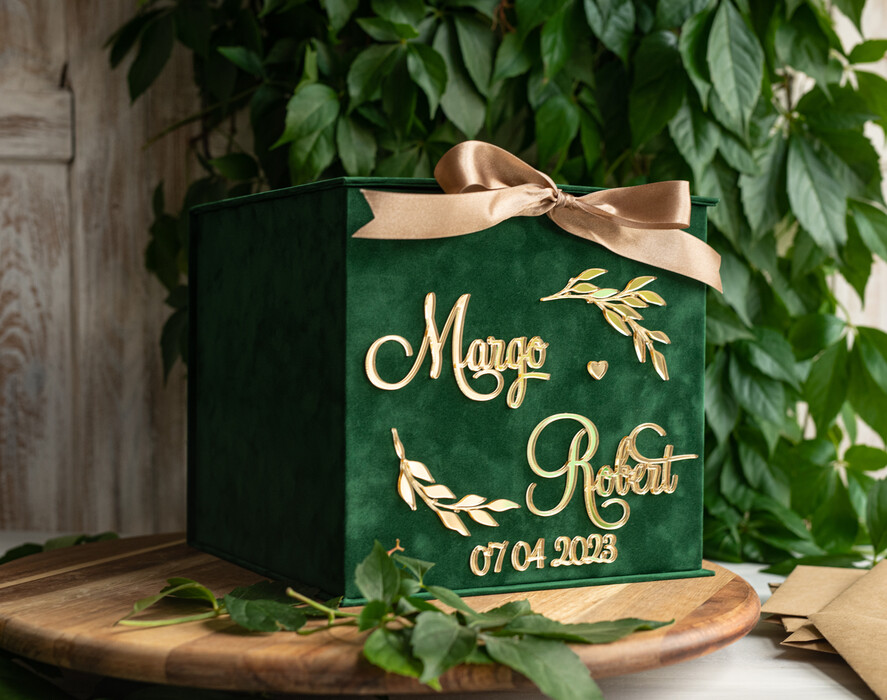 CARD BOXES velvet card boxes Gift Card Box & arch Sign Set , Velvet green wedding wishing well money gift card box, Personalized Wedding Card Box, Greenery Luxury