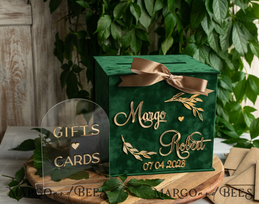  CARD BOXES velvet card boxes Gift Card Box & arch Sign Set , Velvet green wedding wishing well money gift card box, Personalized Wedding Card Box, Greenery Luxury