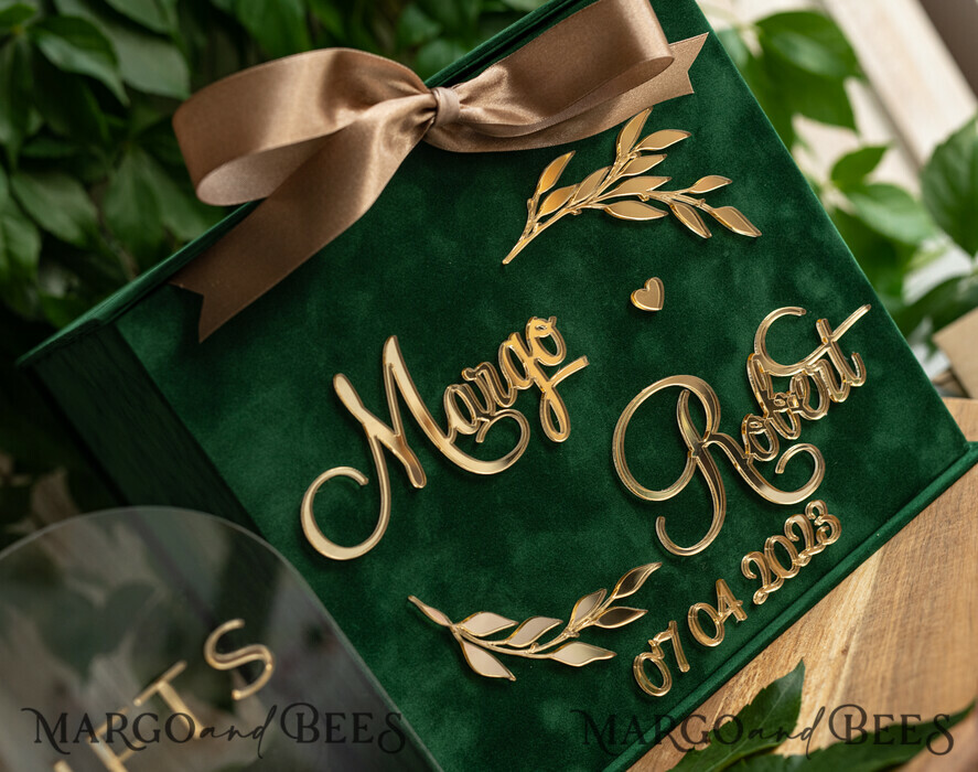  CARD BOXES velvet card boxes Gift Card Box & arch Sign Set , Velvet green wedding wishing well money gift card box, Personalized Wedding Card Box, Greenery Luxury