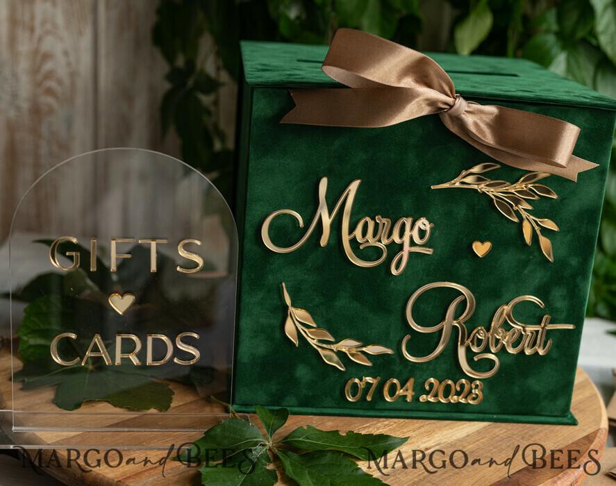  CARD BOXES velvet card boxes Gift Card Box & arch Sign Set , Velvet green wedding wishing well money gift card box, Personalized Wedding Card Box, Greenery Luxury