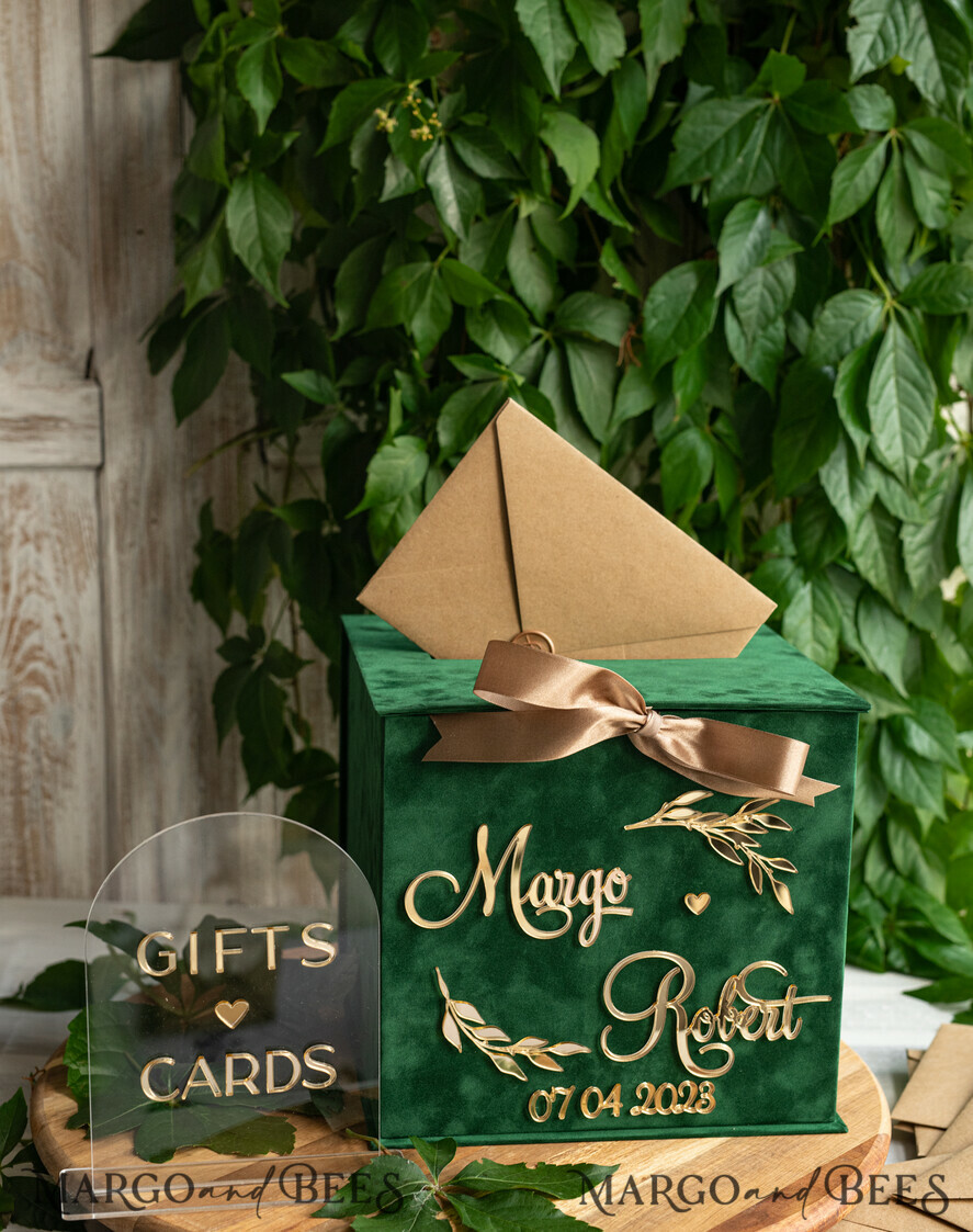  CARD BOXES velvet card boxes Gift Card Box & arch Sign Set , Velvet green wedding wishing well money gift card box, Personalized Wedding Card Box, Greenery Luxury