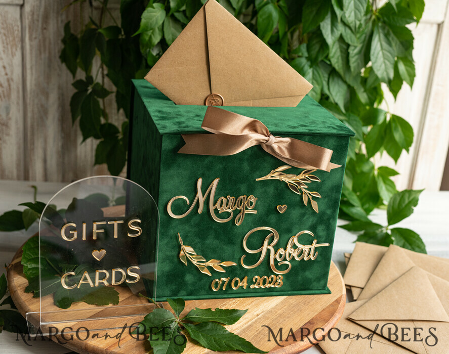  CARD BOXES velvet card boxes Gift Card Box & arch Sign Set , Velvet green wedding wishing well money gift card box, Personalized Wedding Card Box, Greenery Luxury