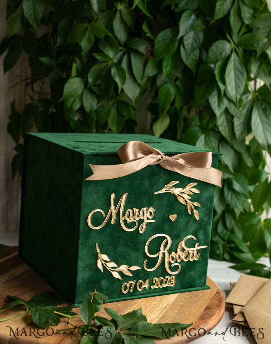  CARD BOXES velvet card boxes Gift Card Box & arch Sign Set , Velvet green wedding wishing well money gift card box, Personalized Wedding Card Box, Greenery Luxury